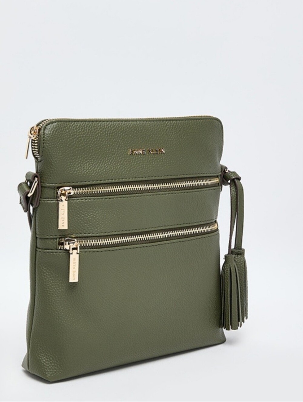 Anne Klein Olive Green Crossbody with Tassel and Gold Zippers